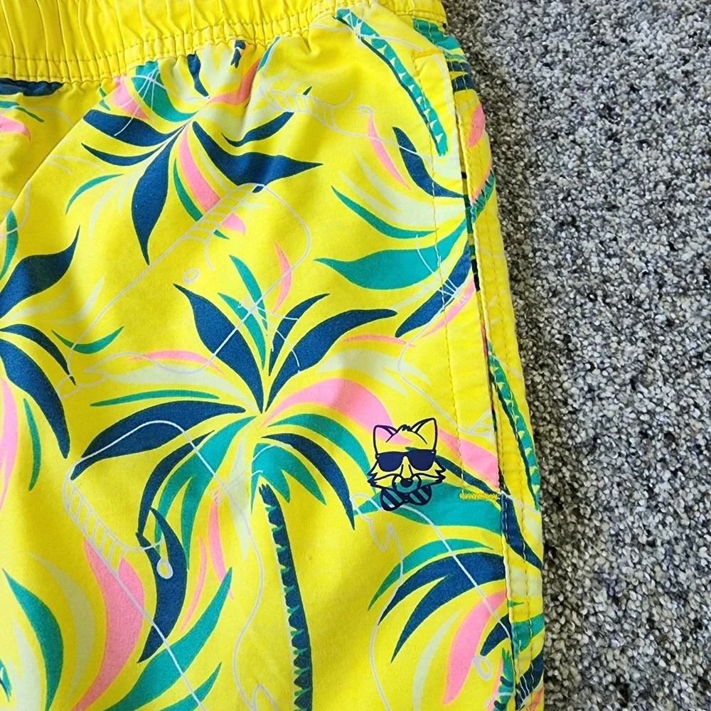 Party Pants Swim Trunks Mens Large Yellow Tropical‎ Palm Print Excellent